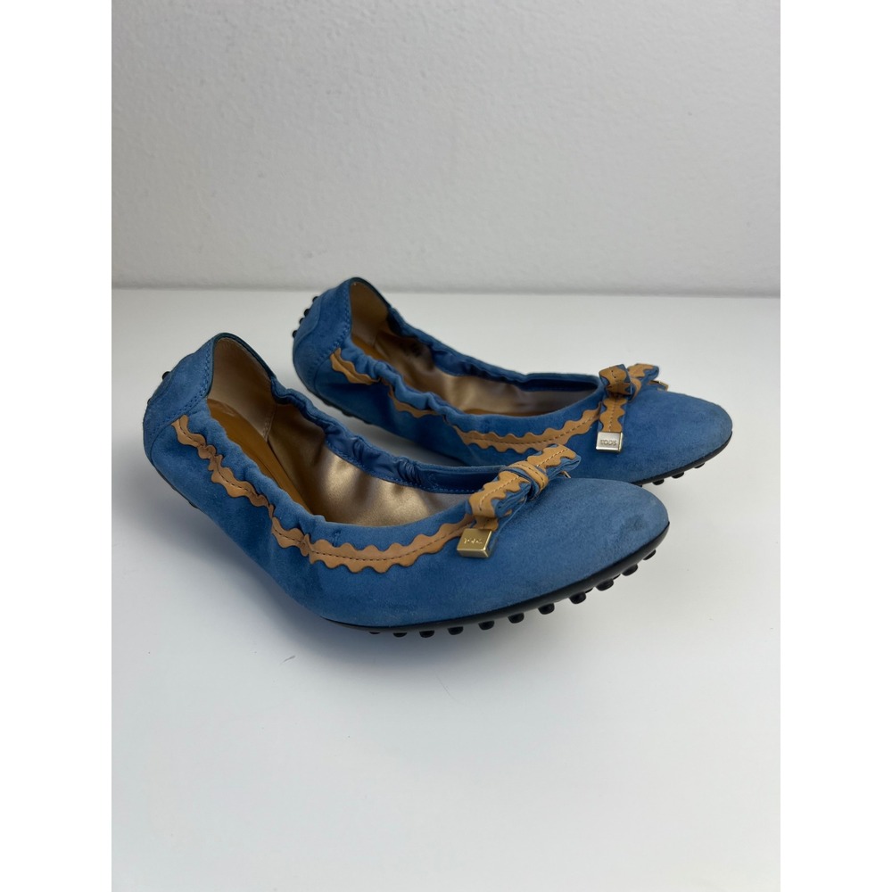 TOD'S Blue Suede Ballet Flats Bow Gommino Driving Shoes Italy EU 36.5 US 6 - Picture 3 of 9